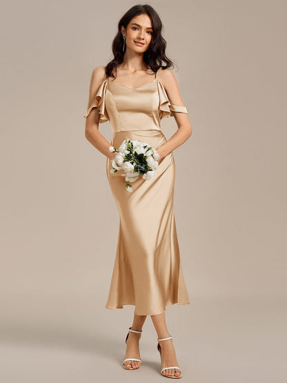 ever CALYNNE|Ruffled Off Shoulder Satin Midi Mermaid Bridesmaid Dress