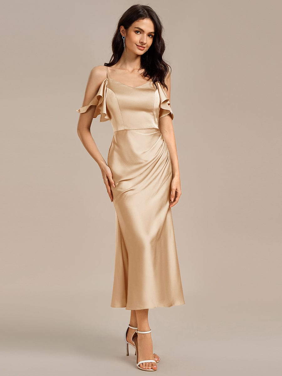 ever CALYNNE|Ruffled Off Shoulder Satin Midi Mermaid Bridesmaid Dress