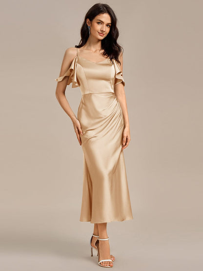 ever CALYNNE|Ruffled Off Shoulder Satin Midi Mermaid Bridesmaid Dress
