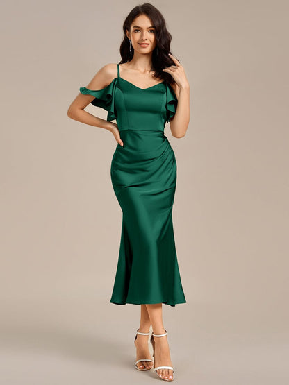ever CALYNNE|Ruffled Off Shoulder Satin Midi Mermaid Bridesmaid Dress
