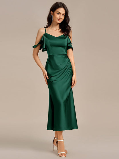 ever CALYNNE|Ruffled Off Shoulder Satin Midi Mermaid Bridesmaid Dress