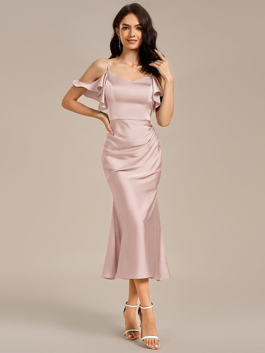 ever CALYNNE|Ruffled Off Shoulder Satin Midi Mermaid Bridesmaid Dress