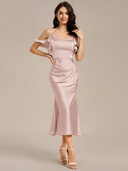 ever CALYNNE|Ruffled Off Shoulder Satin Midi Mermaid Bridesmaid Dress