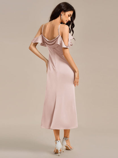 ever CALYNNE|Ruffled Off Shoulder Satin Midi Mermaid Bridesmaid Dress