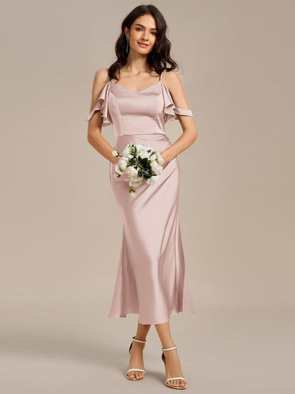 ever CALYNNE|Ruffled Off Shoulder Satin Midi Mermaid Bridesmaid Dress