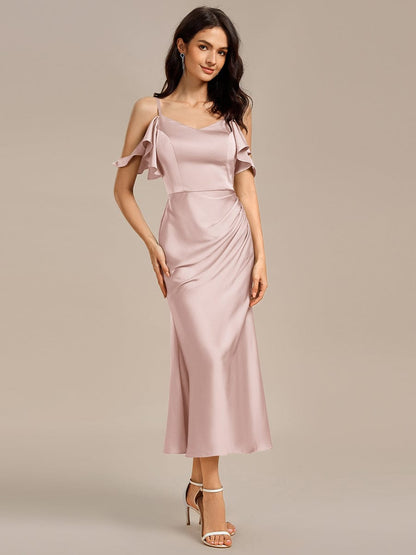 ever CALYNNE|Ruffled Off Shoulder Satin Midi Mermaid Bridesmaid Dress
