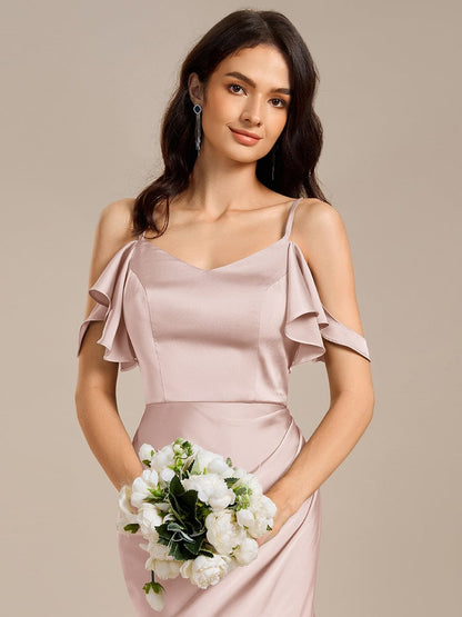 ever CALYNNE|Ruffled Off Shoulder Satin Midi Mermaid Bridesmaid Dress