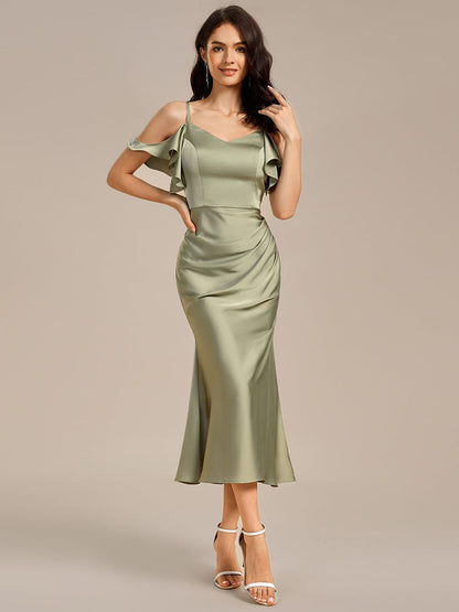 ever CALYNNE|Ruffled Off Shoulder Satin Midi Mermaid Bridesmaid Dress