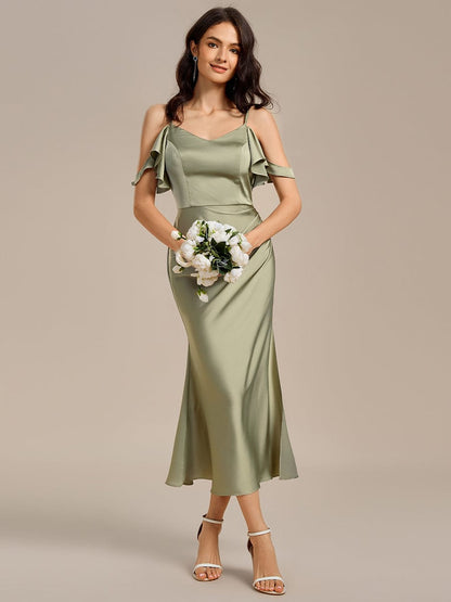 ever CALYNNE|Ruffled Off Shoulder Satin Midi Mermaid Bridesmaid Dress