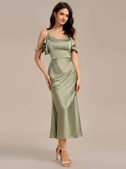 ever CALYNNE|Ruffled Off Shoulder Satin Midi Mermaid Bridesmaid Dress