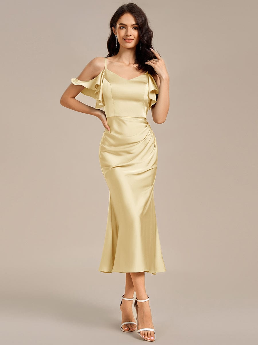 ever CALYNNE|Ruffled Off Shoulder Satin Midi Mermaid Bridesmaid Dress