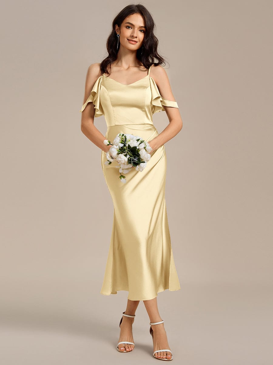 ever CALYNNE|Ruffled Off Shoulder Satin Midi Mermaid Bridesmaid Dress