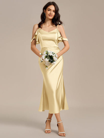 ever CALYNNE|Ruffled Off Shoulder Satin Midi Mermaid Bridesmaid Dress