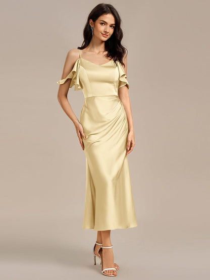 ever CALYNNE|Ruffled Off Shoulder Satin Midi Mermaid Bridesmaid Dress