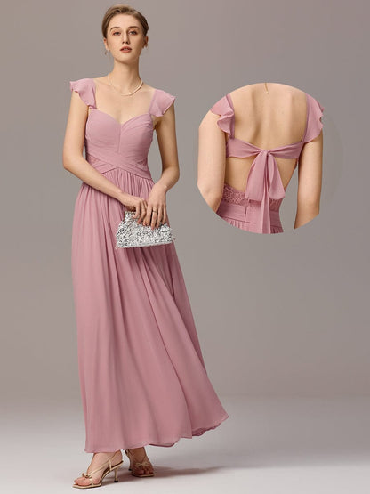 ever ELARA|Back-Tie Pleated Ruffles Sleeves Maxi Bridesmaid Dress