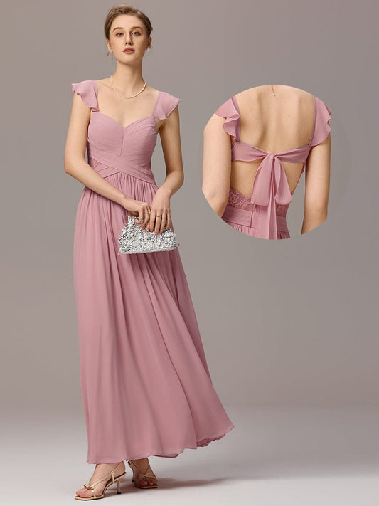 ever ELARA|Back-Tie Pleated Ruffles Sleeves Maxi Bridesmaid Dress