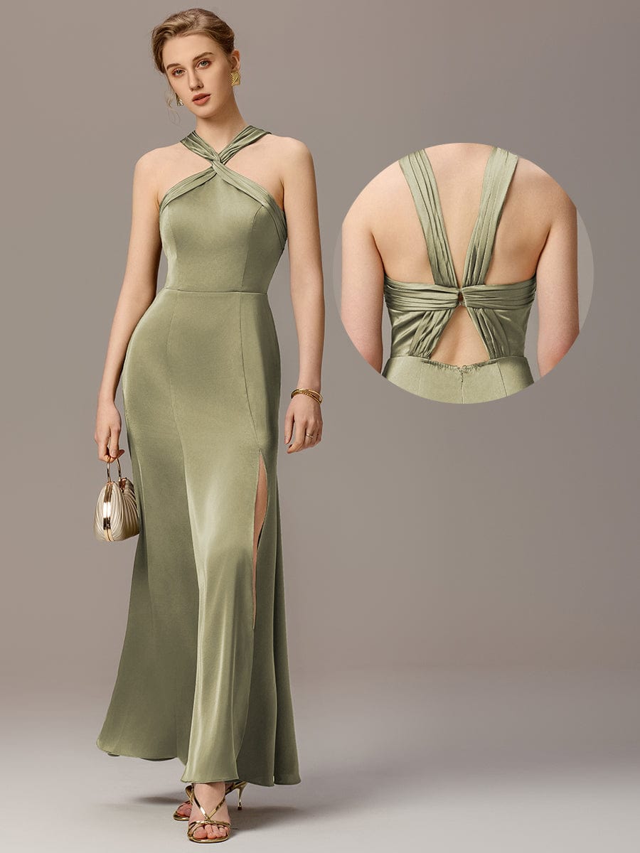 ever SELENE|Satin Cross Halter Sleeveless Maxi Bridesmaid Dress
