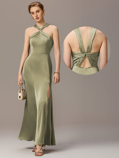 ever SELENE|Satin Cross Halter Sleeveless Maxi Bridesmaid Dress