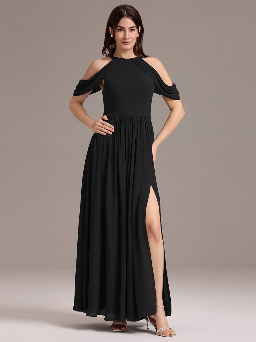 ever CERES|Elegant Chiffon Cold Shoulder A-Line Bridesmaid Dress with Draped Sleeves