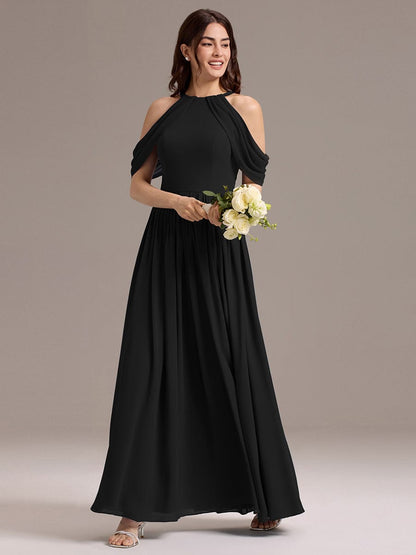 ever CERES|Elegant Chiffon Cold Shoulder A-Line Bridesmaid Dress with Draped Sleeves