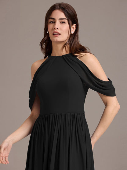 ever CERES|Elegant Chiffon Cold Shoulder A-Line Bridesmaid Dress with Draped Sleeves