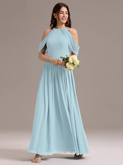 ever CERES|Elegant Chiffon Cold Shoulder A-Line Bridesmaid Dress with Draped Sleeves