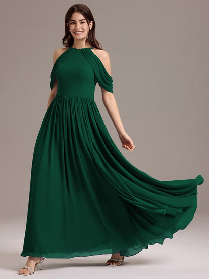 ever CERES|Elegant Chiffon Cold Shoulder A-Line Bridesmaid Dress with Draped Sleeves
