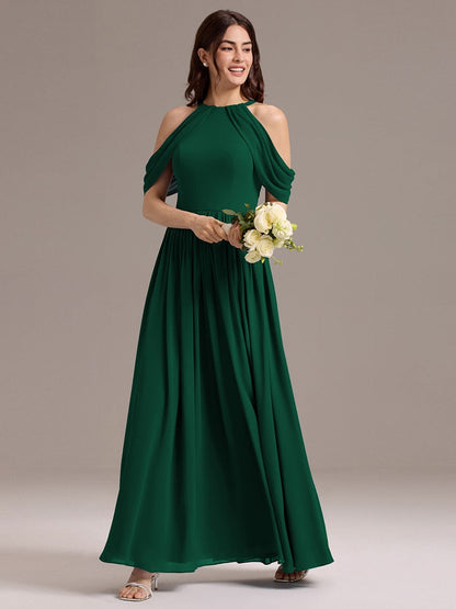 ever CERES|Elegant Chiffon Cold Shoulder A-Line Bridesmaid Dress with Draped Sleeves