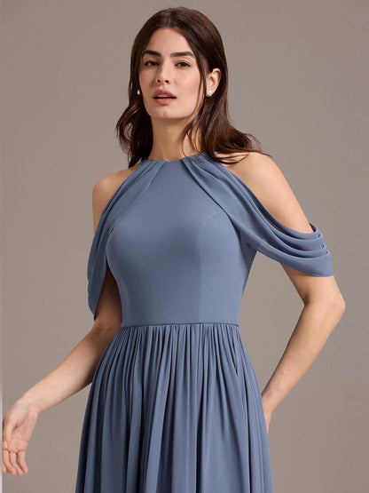 ever CERES|Elegant Chiffon Cold Shoulder A-Line Bridesmaid Dress with Draped Sleeves