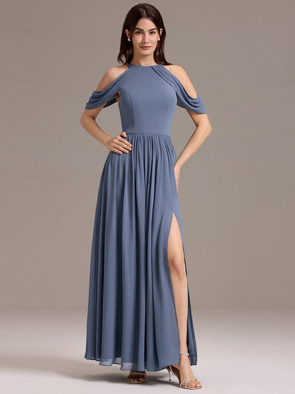 ever CERES|Elegant Chiffon Cold Shoulder A-Line Bridesmaid Dress with Draped Sleeves