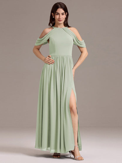 ever CERES|Elegant Chiffon Cold Shoulder A-Line Bridesmaid Dress with Draped Sleeves