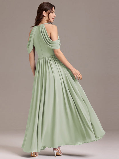 ever CERES|Elegant Chiffon Cold Shoulder A-Line Bridesmaid Dress with Draped Sleeves