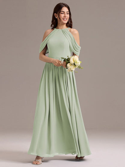 ever CERES|Elegant Chiffon Cold Shoulder A-Line Bridesmaid Dress with Draped Sleeves