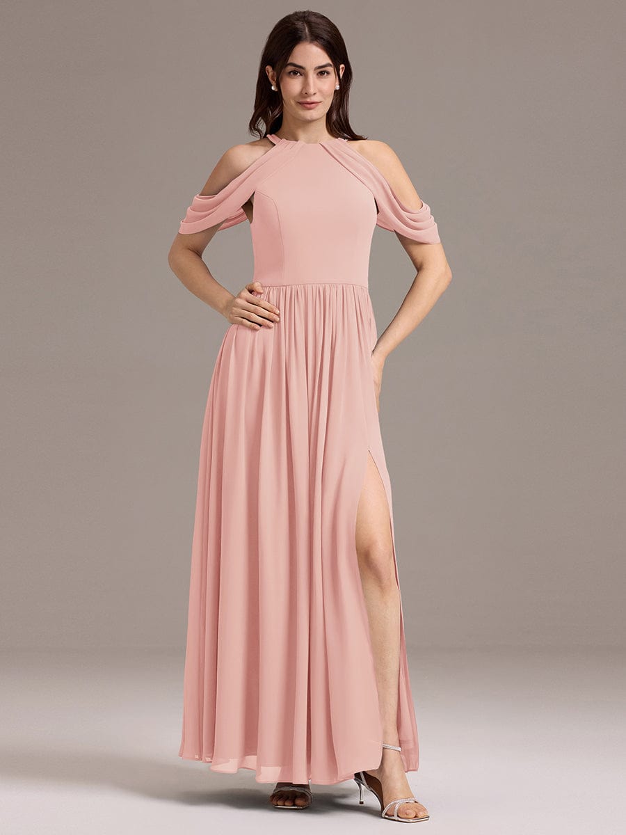 ever CERES|Elegant Chiffon Cold Shoulder A-Line Bridesmaid Dress with Draped Sleeves