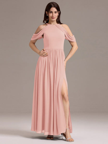 ever CERES|Elegant Chiffon Cold Shoulder A-Line Bridesmaid Dress with Draped Sleeves