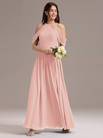 ever CERES|Elegant Chiffon Cold Shoulder A-Line Bridesmaid Dress with Draped Sleeves