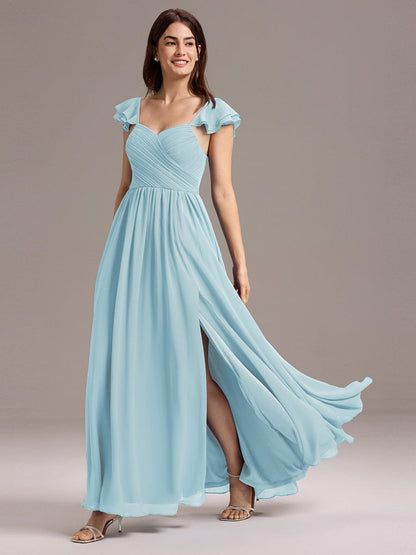 ever CLARKE|Chiffon A-Line Ruffles Cap Sleeve Bridesmaid Dress with Side Slit