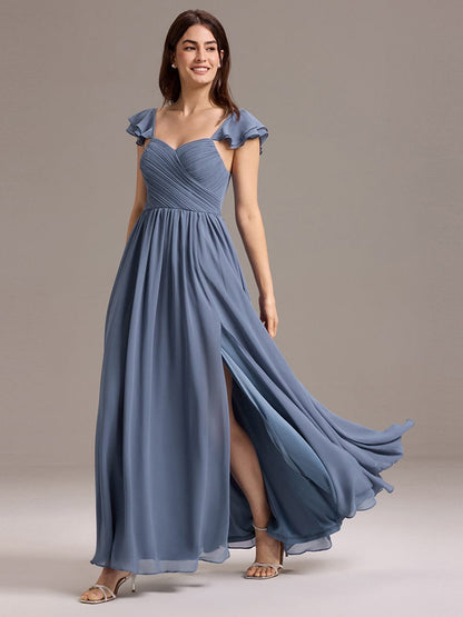 ever CLARKE|Chiffon A-Line Ruffles Cap Sleeve Bridesmaid Dress with Side Slit