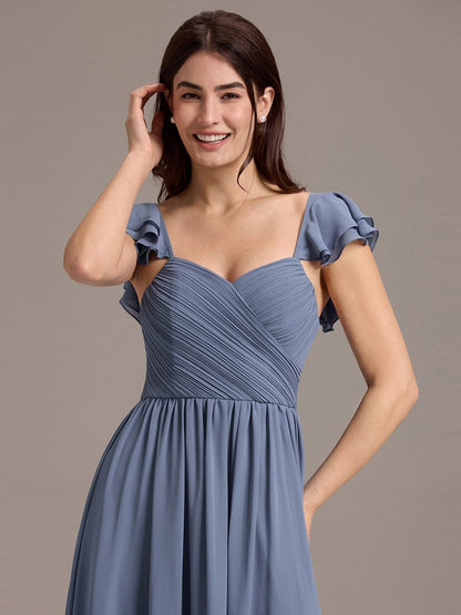 ever CLARKE|Chiffon A-Line Ruffles Cap Sleeve Bridesmaid Dress with Side Slit