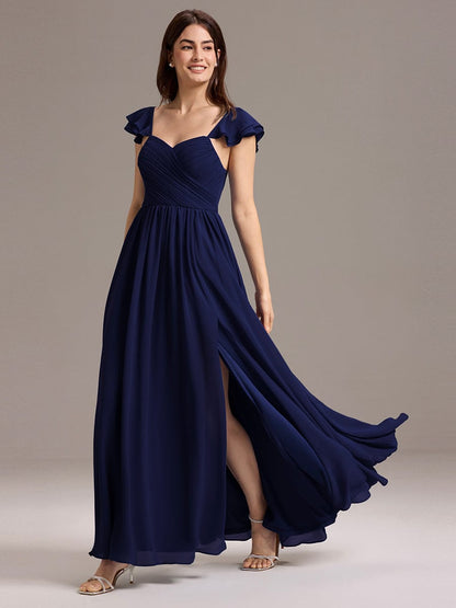 ever CLARKE|Chiffon A-Line Ruffles Cap Sleeve Bridesmaid Dress with Side Slit
