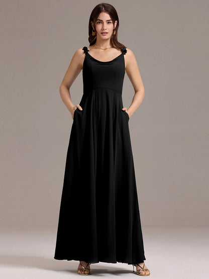 ever ZINNELLE|Flowy Chiffon Cowl Neck Backless A-Line Floral Strap Bridesmaids Dress