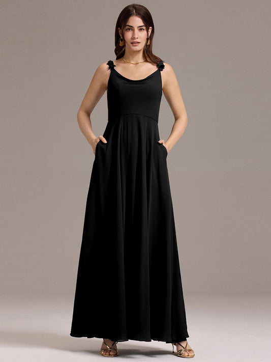 ever ZINNELLE|Flowy Chiffon Cowl Neck Backless A-Line Floral Strap Bridesmaids Dress