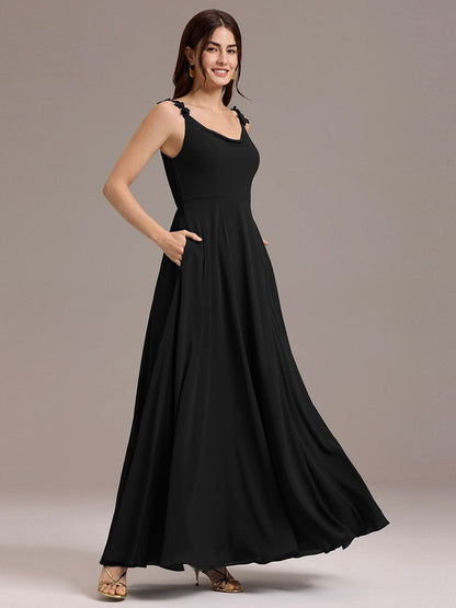 ever ZINNELLE|Flowy Chiffon Cowl Neck Backless A-Line Floral Strap Bridesmaids Dress