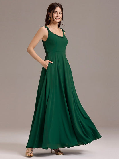 ever ZINNELLE|Flowy Chiffon Cowl Neck Backless A-Line Floral Strap Bridesmaids Dress