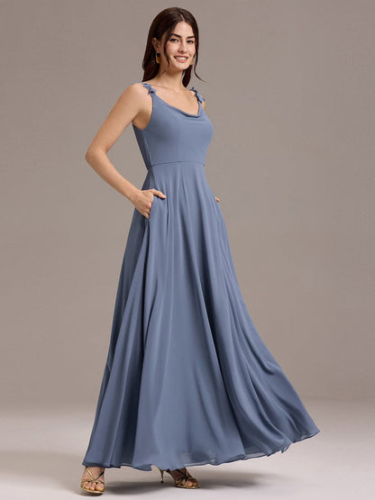 ever ZINNELLE|Flowy Chiffon Cowl Neck Backless A-Line Floral Strap Bridesmaids Dress