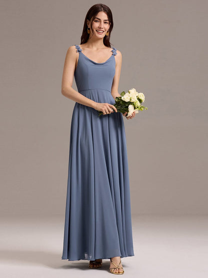 ever ZINNELLE|Flowy Chiffon Cowl Neck Backless A-Line Floral Strap Bridesmaids Dress