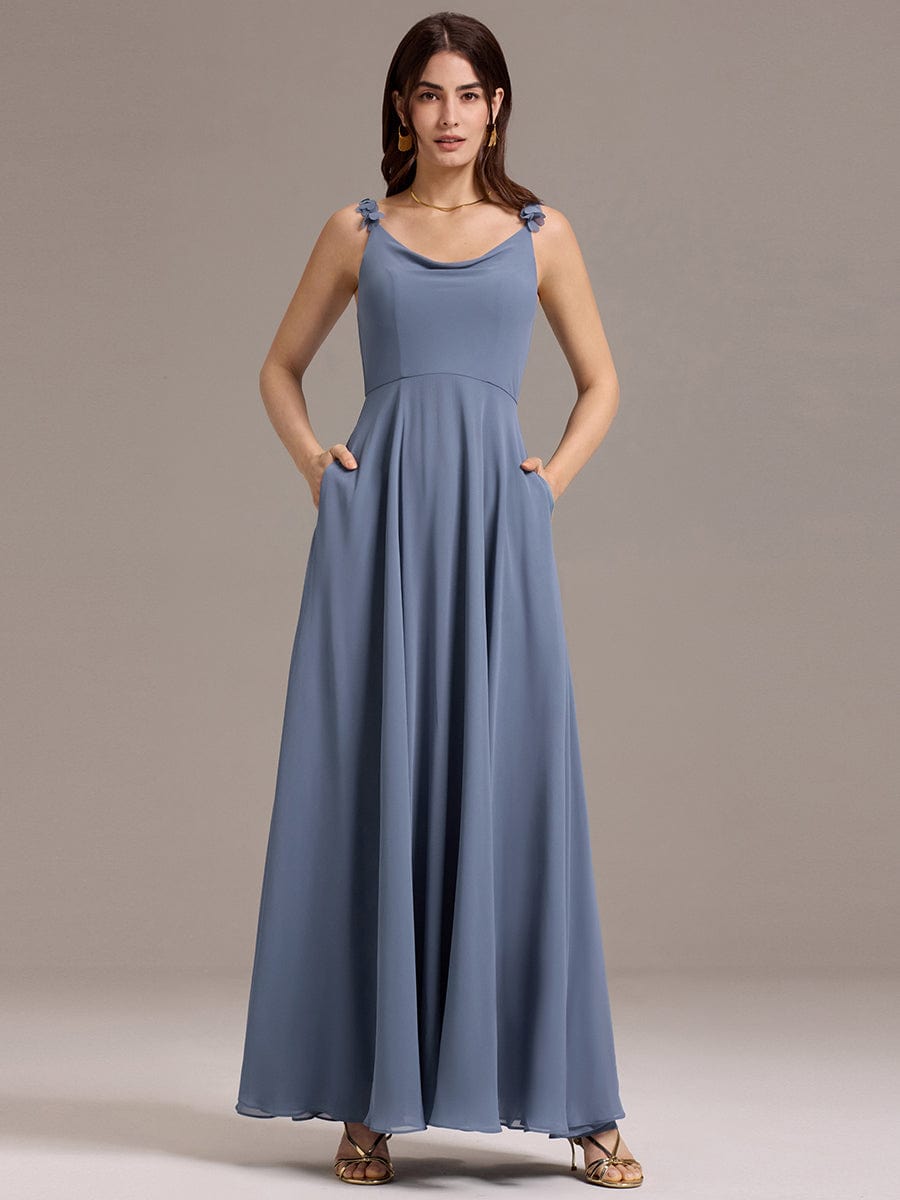 ever ZINNELLE|Flowy Chiffon Cowl Neck Backless A-Line Floral Strap Bridesmaids Dress