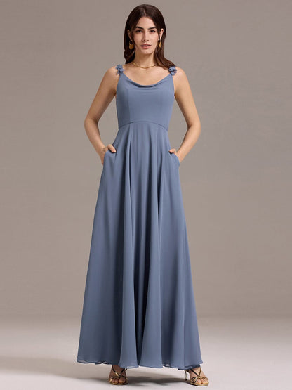 ever ZINNELLE|Flowy Chiffon Cowl Neck Backless A-Line Floral Strap Bridesmaids Dress
