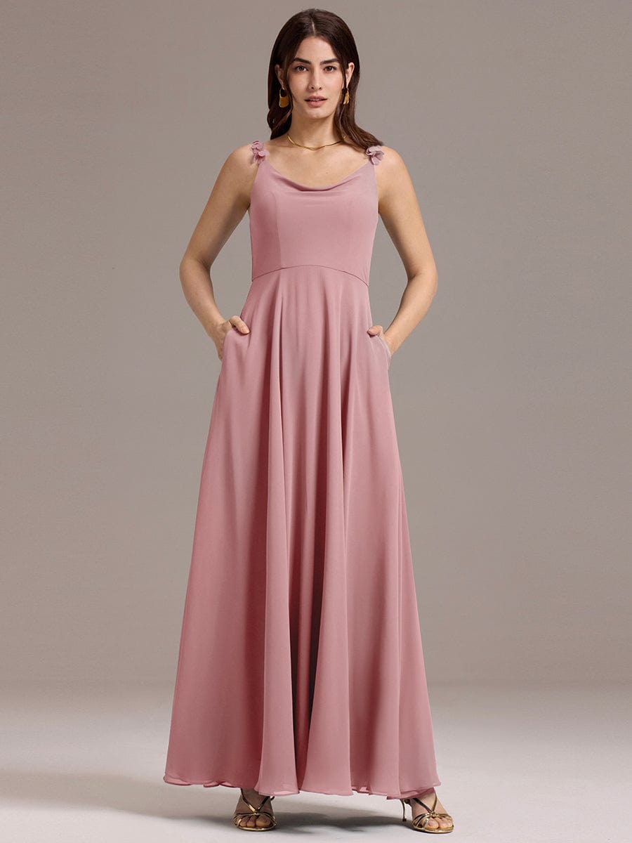 ever ZINNELLE|Flowy Chiffon Cowl Neck Backless A-Line Floral Strap Bridesmaids Dress
