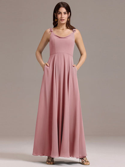 ever ZINNELLE|Flowy Chiffon Cowl Neck Backless A-Line Floral Strap Bridesmaids Dress